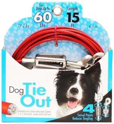 Rocky Mountain Goods Dog Tie Out Cable with Spring (30 Foot) - Steel Tether Wire Dog Cable for Large Dogs up to 60 Pounds - 4 Swivel Points Reduce Tangling - Strong Vinyl - Easy Open Rotating Clips