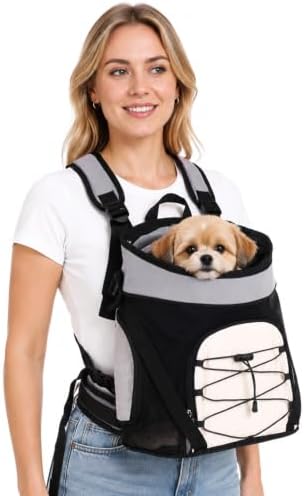 Dog Backpack Carrier, 15.7 x 12.2 x 7.9 in Pet Carrier with Mesh Drawstring Opening, Oxford Cloth Chest Bag with Front Pocket for Small Dogs Cats, Gray Travel Bag for Walking Hiking Vet