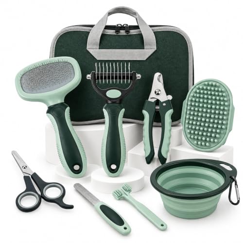 Pet Grooming Kit for Dogs & Cats, 8-in-1 Dog Grooming Kit with Travel Case, Collapsible Bowl, Deshedding Brush, Slicker Brush, Nail Clipper & Toothbrush