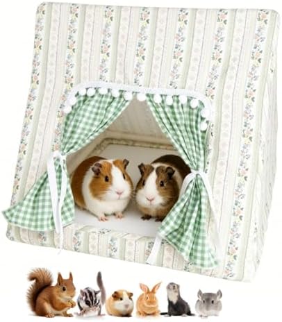 Guinea Pig Bunny Hideout with Cute Curtain,Small Animal Hideout for Rabbit Hamsters Squirrel Ferrets Chinchilla and Rats,Machine Washable Guinea Pig Hide Tent Houses(Large,No Mat)