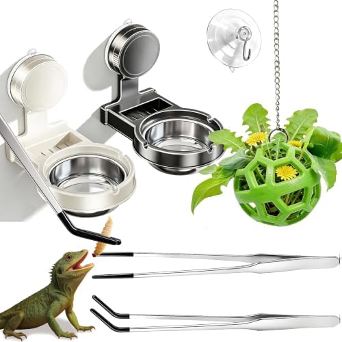 Reptile Feeding Habitat Accessory Kit, Hanging Veggie Feeding Ball, 2Pcs Suction Cup Feeding Ledges, 10.6" Stainless Steel Feeding Tongs Set, Reptile Supplies for Bearded Dragon Gecko Chameleon Lizard