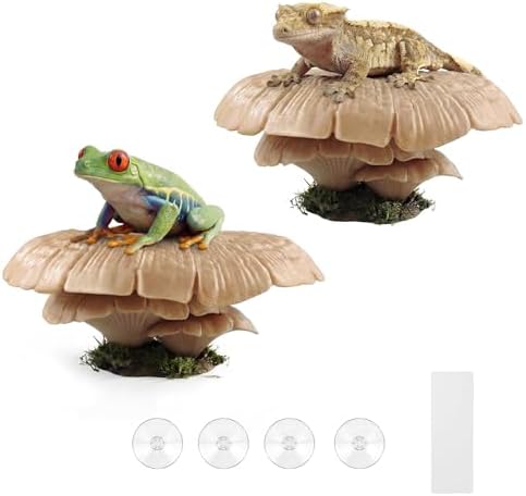 Mushroom Reptile Ledge| Tree Frog Terrarium Tank Accessories, Crested Gecko Tank Accessories, Frog Habitats, Fish Tank Decor, Axolotl Hides| Terrarium Plants Decor| Pet-Safe | 4 Suction Cups