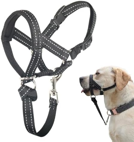 XL Reflective Head Collar and XL Adjustable No Pull Muzzle Leash Bundle for Large Dogs, Effective Dog Training Tools to Easy Control on Walks