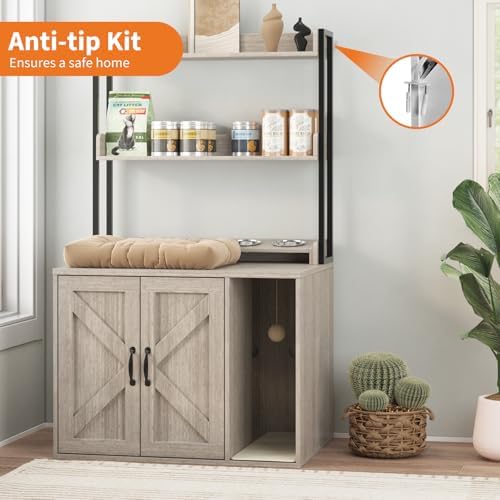 55" H Large Cat Litter Box Enclosure, Hidden Litter Box Furniture Cat Cabinet with Storage Shelves & Charging Sockets