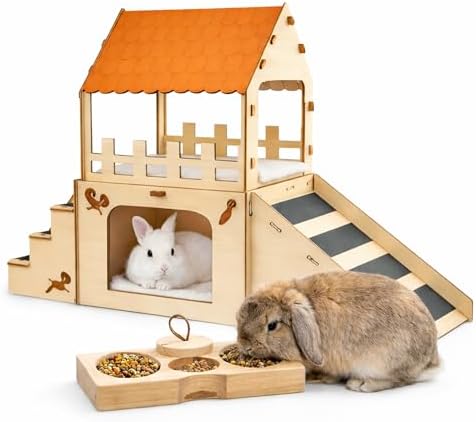 Deluxe Extra Large Wooden Rabbit Castle with Feeding Station, 2-Story Spacious Bunny Hideout House, Easy Assembly Indoor Habitat for Rabbits, Guinea Pigs and Chinchillas