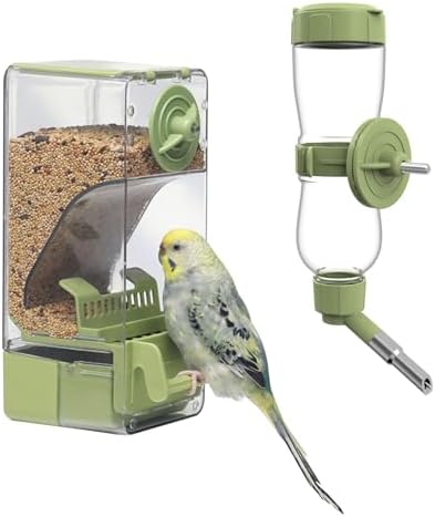 Bird Feeder Water Dispenser Set, Automatic Cage Feeder with Perch for Parakeet Canary Cockatiel Finch Budgie (Green)
