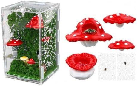 Jumping Spider Enclosure, Clear Acrylic Escape-Proof Terrarium with Micro Vents & Front Opening + 6 Pcs Magnetic Mushroom Styling Platform Accessories for Jumping Spiders, Tarantulas & Mantis