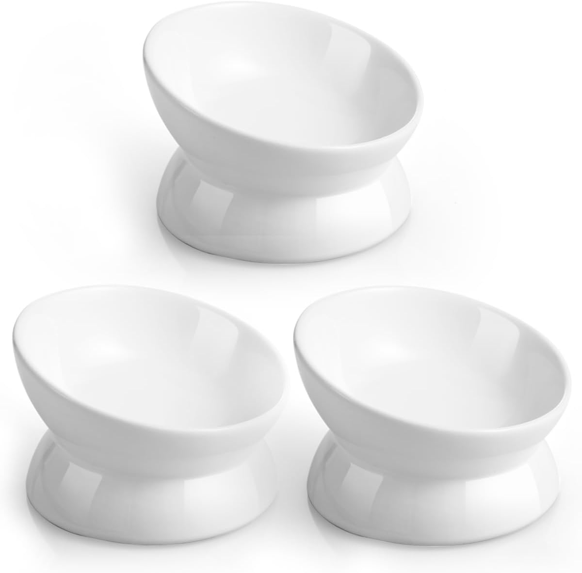 LoeJan Elevated Cat Food Bowl, 5 Oz Ceramic Raised and Tilted Water Bowl, Anti Vomiting and Protect Pets' Spines Dishes for Small Dog, Fat Faced Cat, Kitten (White, 2 Pack)