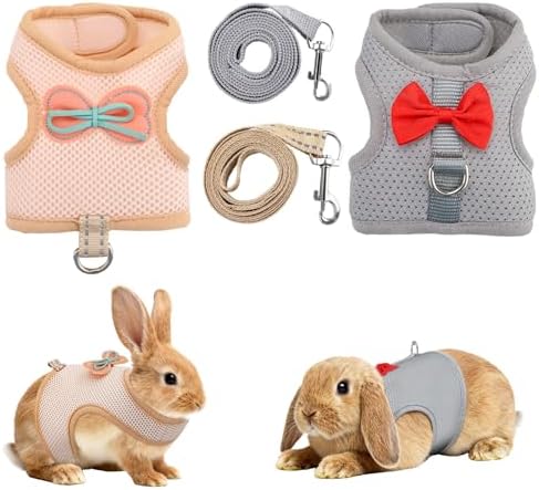 2-Pack Polyester Rabbit Harness and Leash Set - Escape-Proof Adjustable Small Animal Harness with 47.2in Leash and Rotatable D-Ring (Khaki+Deep Space Grey S, S)