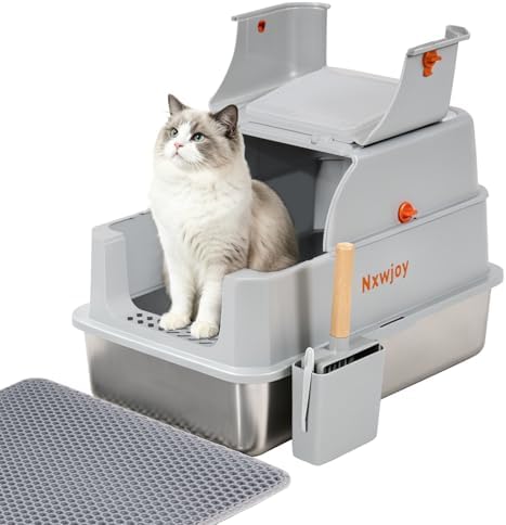 Stainless Steel Litter Box with Lid & Cat Litter Scoop Mat Grey