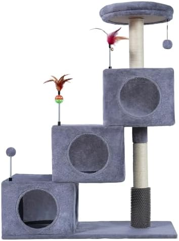 Cat Tree Tower for Indoor Cats 12lbs, Cat Tree with 3 Spacious Cat Houses & Condos, Full Sisal Scratching Posts and Cat Scratcher Toys，Grey