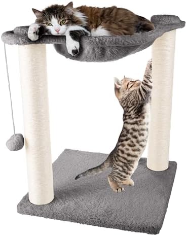 Cat Hammock with Scratching Posts for Indoor Cats - 19-Inch-Tall Cat Tree with Hanging Ball Toy for Adult Cats and Kittens by PETMAKER (Gray)