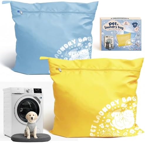 2PCS Pet Laundry Wash Bag for Washing Machine, 70x80cm Large Capacity Pet Laundry Bag for Dog Cat Horse Guinea Pig, Upgraded Tear-Resistant Fabric, Keep Laundry Free from Pet Hair, Blue & Yellow