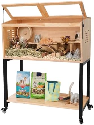Wooden Hamster Cage with Storage Shelf, Large Hamster Cage, Pine, Guinea Pig Cages, 40.0" L x 20.0" W x 42.0" H Small Animal Cages with Stand & Wheels for Guinea Pig, Chinchilla, Rat, Bunny, etc.