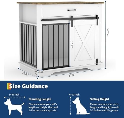 Garvee 38" Farmhouse Style Dog Crate Furniture - Indoor Wooden Dog Kennel with Sliding Barn Door, Buffet Cabinet with Storage Drawer & Pet Cage House Side Table for Small Medium Large Dogs