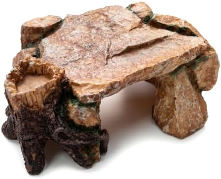 VELTHERM 3-in-1 Reptile Hide - Basking Platform, Feeding Dish, Resin Rock Cave for Bearded Dragon Ball Python Leopard Gecko, Desert/Tropical Decor, Submersible Aquarium & Turtle Tank