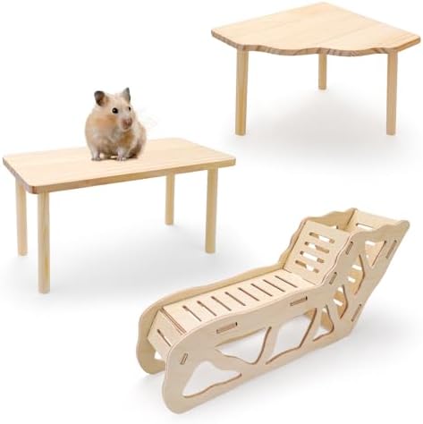 3 Sets Wooden Hamster Platform for Cage Accessories Natural Wood Climbing Toy Hideout, Expandable Habitat Decor for Dwarf Syrian Hamsters, Gerbils, Mice, Degus Sturdy Chew-Safe