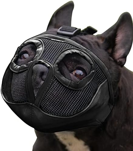Short Snout Dog Muzzle - Adjustable Breathable Mesh Dog Mask for Bulldog, Biting, Chewing, Training, Licking and Grooming (S(9"-12"), Black)