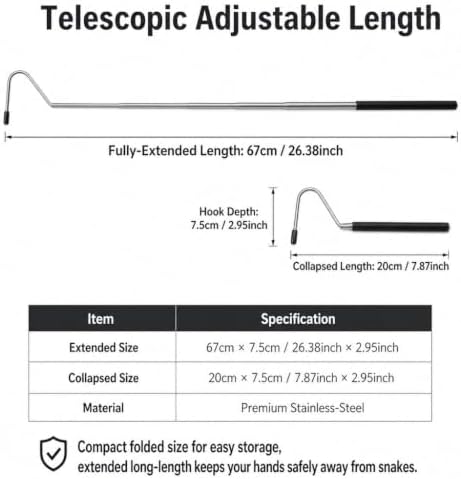 Telescopic Stainless‑Steel Snake Hook, 26.38‑Inch Retractable Reptile Hook for Corn Snakes, Hognose Snakes, King Snakes, Milk Snakes