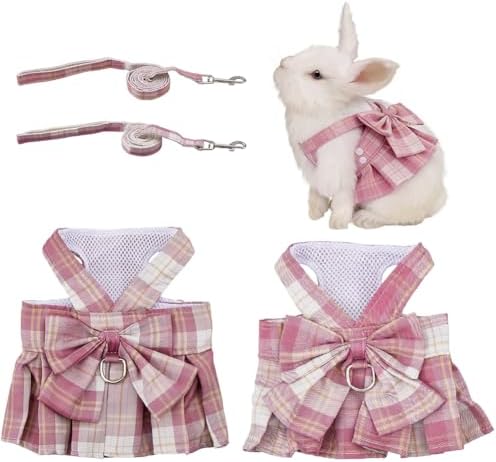 SUPERFINDINGS 2 Sets Rabbit Harness and Leash 2 Sizes Bunny Leash Escape-Proof Adjustable Vest Cute Skirt Bunny Vest Harness Outdoor Camping Hiking Training for Ferret Kittn Puppy Small Animals,Pink