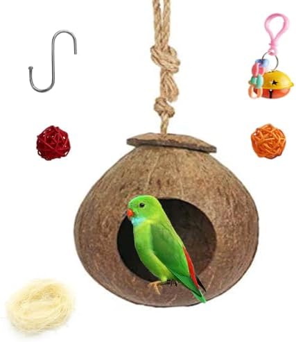 Hanging Coconut for Birds,Bird Nest for Cage Parakeet Hideaway Budgie Hut House Sleeping Toys Pet Cage Habitats Decor for Parrot Cockatiel Conure Finch