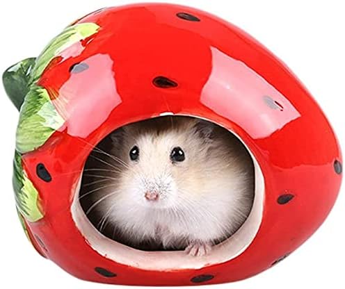 Cool Hamster House Hideout Suitable for Hamsters Less Than 4 inches 10 cm in Length Ceramics Strawberry Shape Bed Cute Small Animal Pet Squirrel Hedgehog Chinchilla Nest Hamster Cage Accessories