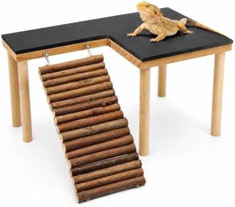 Bearded Dragon Basking Platform, Bearded Dragon Tank Accessories, Reptile Basking Rock with Climbing Ramp and Hideout Cave, Wooden Reptile Habitat Decor for Lizard Gecko Tortoise Snake