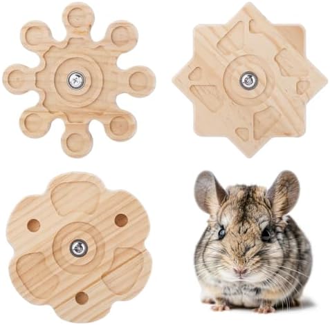 BOXOB 3pcs Rotating Chinchilla Toy, 3 Styles Wooden Chinchilla Chew Toy for Teeth Hanging Interactive Pet Toys Cage Accessories for Guinea Pig Hamsters Gerbil Rat Rabbit