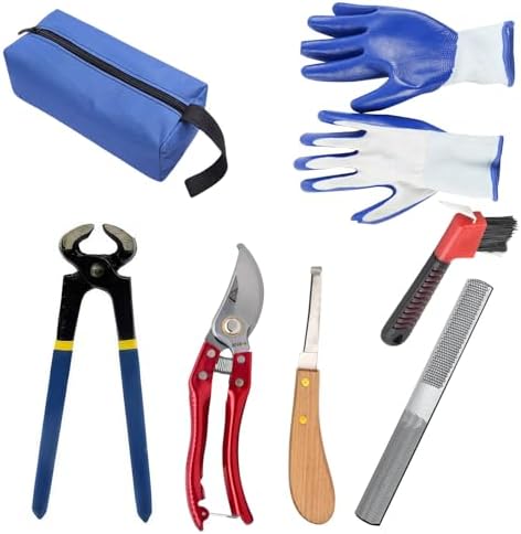 LGEGE Professional Farrier Tool Kit, 7-Piece Set with Storage Bag, Includes Hoof Nipper, Metal Shears and Files, 20 cm