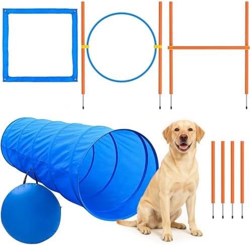 XiaZ Dog Agility Course Backyard Set, Dog Obstacle Course Training Starter Kit Pet Outdoor Game with Tunnel, Agility Hurdle, Weave Poles, Jump Ring, Pause Box, Collapsible Dog Bowls and Storage Bag