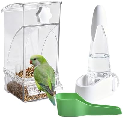 Automatic No Mess Bird Feeder and Water Dispenser Set, Acrylic Food Container and Drinker Bowl for Parrot Cage, Easy Clean Accessories for Parakeets Cockatiels Lovebirds and Other Small Pets