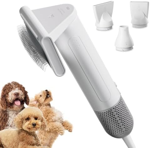 2 in 1 Grooming Kit for Pet-Dog Hair Dryer & Professional Grooming Brush for Frizzy Dog Hair Styling-1.21lb Lightweight Handhold Portable High Velocity Force Blower+4 Replacement Nozzle at Home Travel