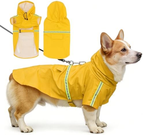 Waterproof Dog Raincoat for Small to Extra Large Dogs-Adjustable Hooded Slicker Poncho,Reflective Dog Rain Jacket with Leash Hole for Outdoor Walking,Hiking Yellow XL