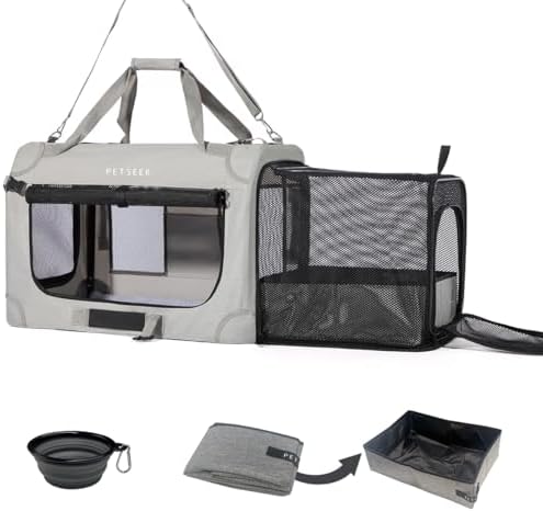 Extra Large Expandable Cat Carrier Soft Sided for Car, Portable Small Dog Carrier for 2 Cats, 24"x16.5"x16" Road Travel Folding Comfortable Design with Litter Box and Bowl