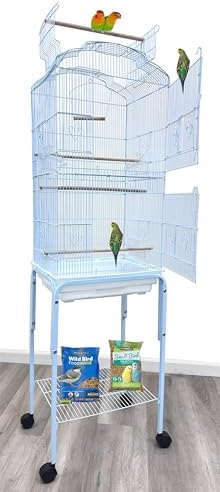 Large Open/Close Top Bird Cage Side Breeding Nest Box Doors Easy Clean Pull Out Tray Clear Feeder Cups for Canary Parakeet Cockatiel Lovebird Finches with Removable Rolling Stand