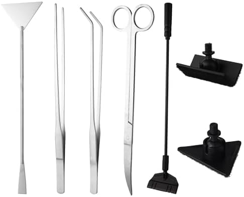 7 Pcs Aquarium Aquascape Tools Kit, Stainless Steel Aquatic Plant Aquascaping Set with Straight/Curved Long Tweezers Scissors Spatula Algae Scraper & 2 Replacement Heads Fish Tank Cleaning Kit