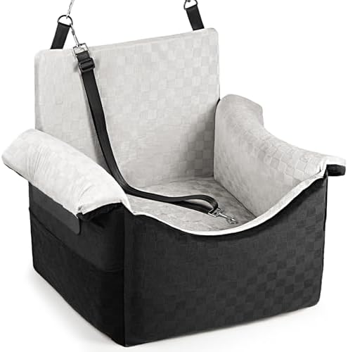 Elevated Dog Car Seat for Small Medium Dogs Under 30 lbs, Memory Foam Elevated Booster Seat with Headrests Support, Travel-Safe Car Bed with Detachable Washable Cover & Safety Belt