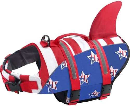 Dog Life Jacket, American Flag Ripstop Shark Dog Life Vest for Swimming & Boating, High Buoyancy Reflective Pet Vest with Rescue Handle, for X-Small/Medium/Large/X-Large Dogs (USA Flag, M)