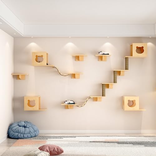 Cat Wall Shelves and Perches, Solid Wood Wall Mounted Cat Furniture with 4 Cat Condos House, 8 Shelves, 2Ladder, 3 Sisal Cat Scratching Post (C)