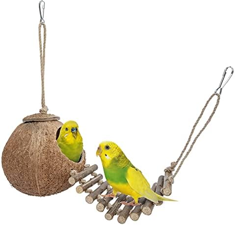 Niteangel Natural Coconut Hideaway with Ladder, Bird and Small Animal Toy (House with Ladder, Natural Surface)