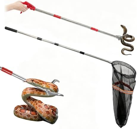 Snake Grabber Tool，50'' Folding Snake Grabber Tongs, 72'' Detachable Stainless Steel Snake Catching Net, Corrosion Resistance High Load Capacity Easy to Clean Maintain for Outdoor Snake Catching