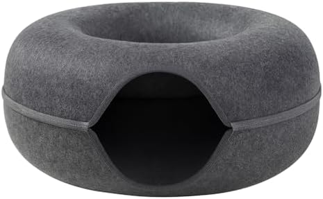 Grey Cat Tunnel & Donut Bed Cave for Indoor Cats – Large Felt Cat Toys Interactive Hideaway, No-Collapse, Scratch-Resistant, Washable Cat House, Cat Enrichment, Bored Indoor Cats & Kittens Gift Toy