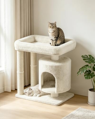 Small Cat Tree, Cat Tree for Large Cats with Perch Bed, Dual Sisal Scratching Posts, Cozy Condos for Indoor Cats Kittens, Beige