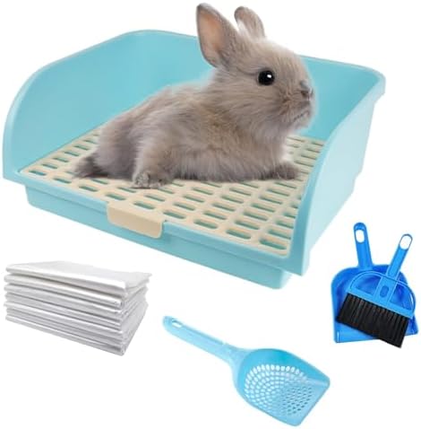kathson Large Rabbit Litter Box, Pets Toilet Potty Trainer Tray Corner Small Animals Litter Bedding Box Bigger Pet Pan with Grass Mats for Adult Guinea Pig/Chinchilla/Ferret/Rabbit (Blue)