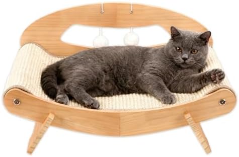 LECHONG 3-in-1 Large Sisal Cat Scratch Bed, Thicker Natural Sisal 22” Elevated Wooden Frame Hammock Lounge for Indoor Cats Sleep, Scratch & Play