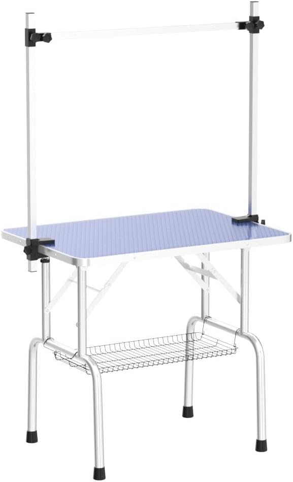 Lyromix 36'' Stainless Steel Pet Dog Grooming Table, Arm/Noose/Tray, Blue