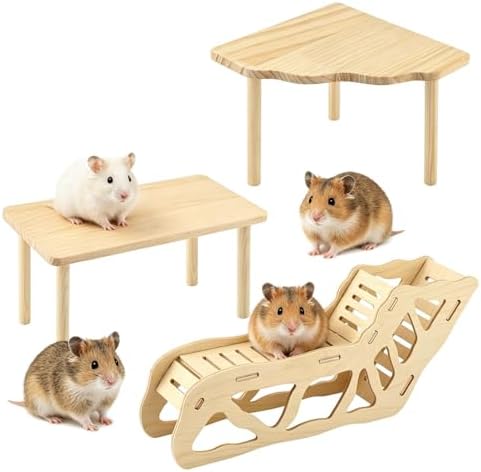 3-Piece Wooden Hamster Platform Set, Small Pet Cage Accessories with 2 Platforms and Hideout Tunnel, Activity and Climbing Habitat for Syrian Hamsters, Gerbils and Dwarf Hamsters