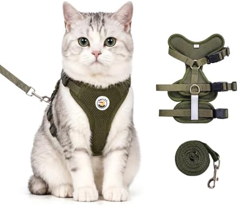 Escape Proof Cat Harness and Leash Set for Walking, 3-Point Adjustable Soft Mesh Kitty Vest Harness with Reflective Strip, Tactical Olive Green Adventure Pet Harness for Small to Medium Cats (S)