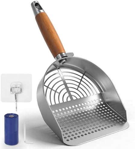 Large Cat Litter Scoop 304 Stainless Steel Rust Proof, Sifting Litter Box Scooper with Wood Handle, Curved Design for Easy Cleaning, Dual Sifter Holes cat Litter Shovel