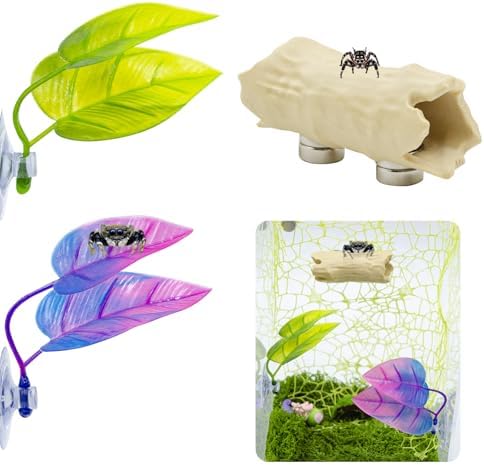 3 Pack Jumping Spider Enclosure Accessories, 1 Plastic Tree Trunk Hide with Magnet, 2 Plastic Simulated Leaf Habitat Platform with Suction Cups, Jumping Spider Enclosure Decorations